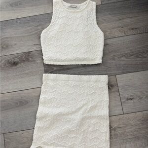 White Textured Crop Top and Skirt Set